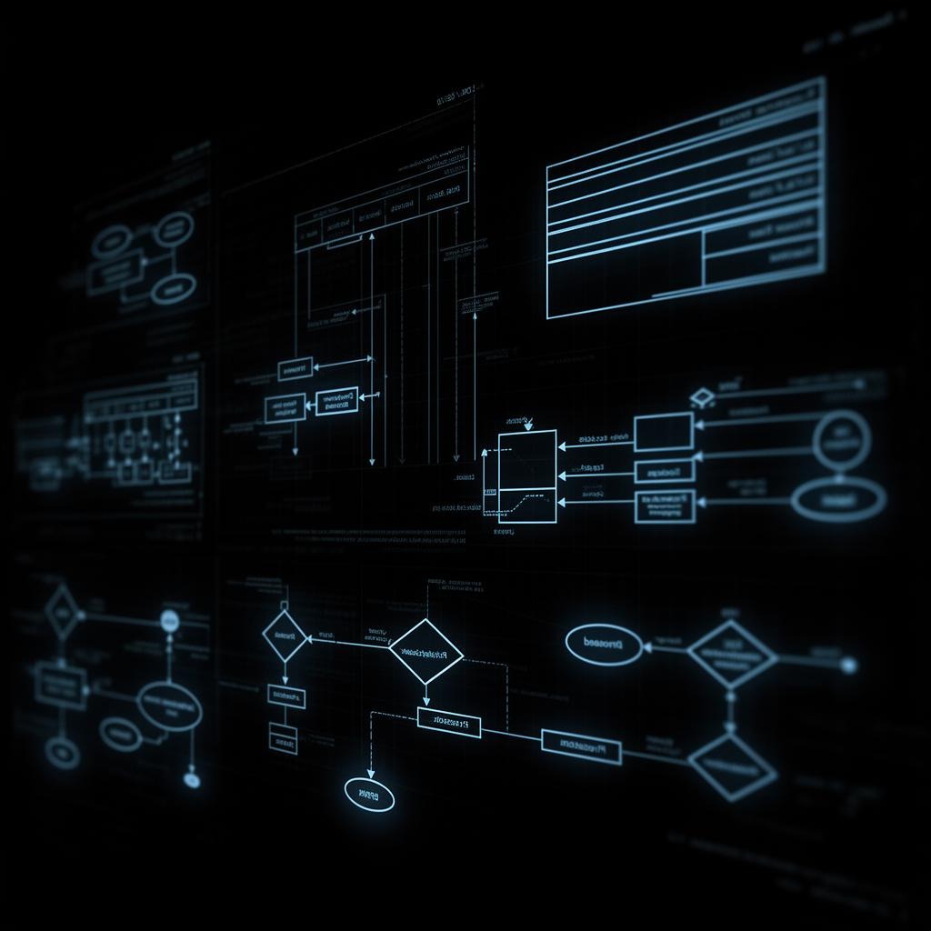 Holograficzne diagramy procesów biznesowych i UML w niebieskim akcencie na ciemnym tle